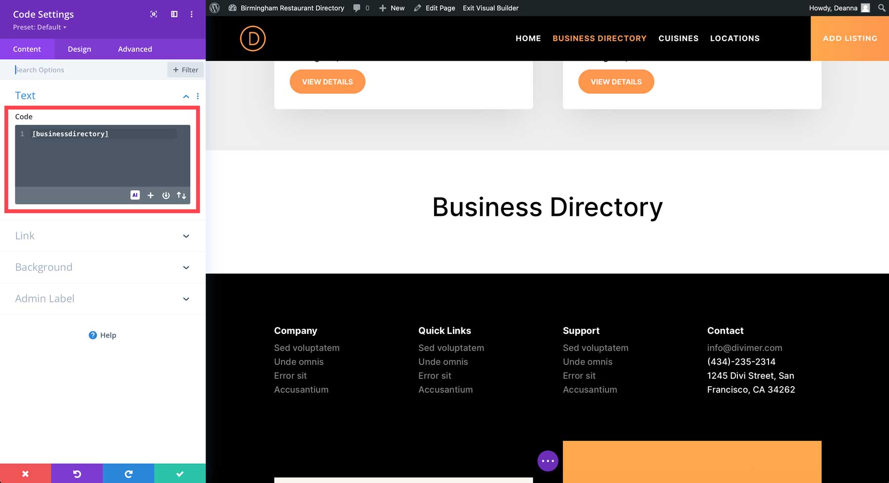 business directory shortcode