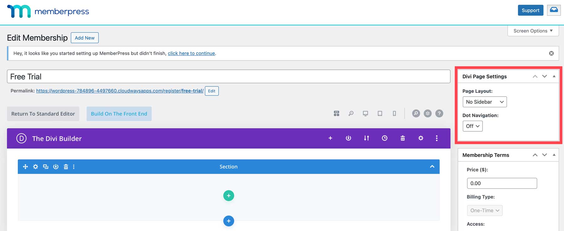 Divi page settings