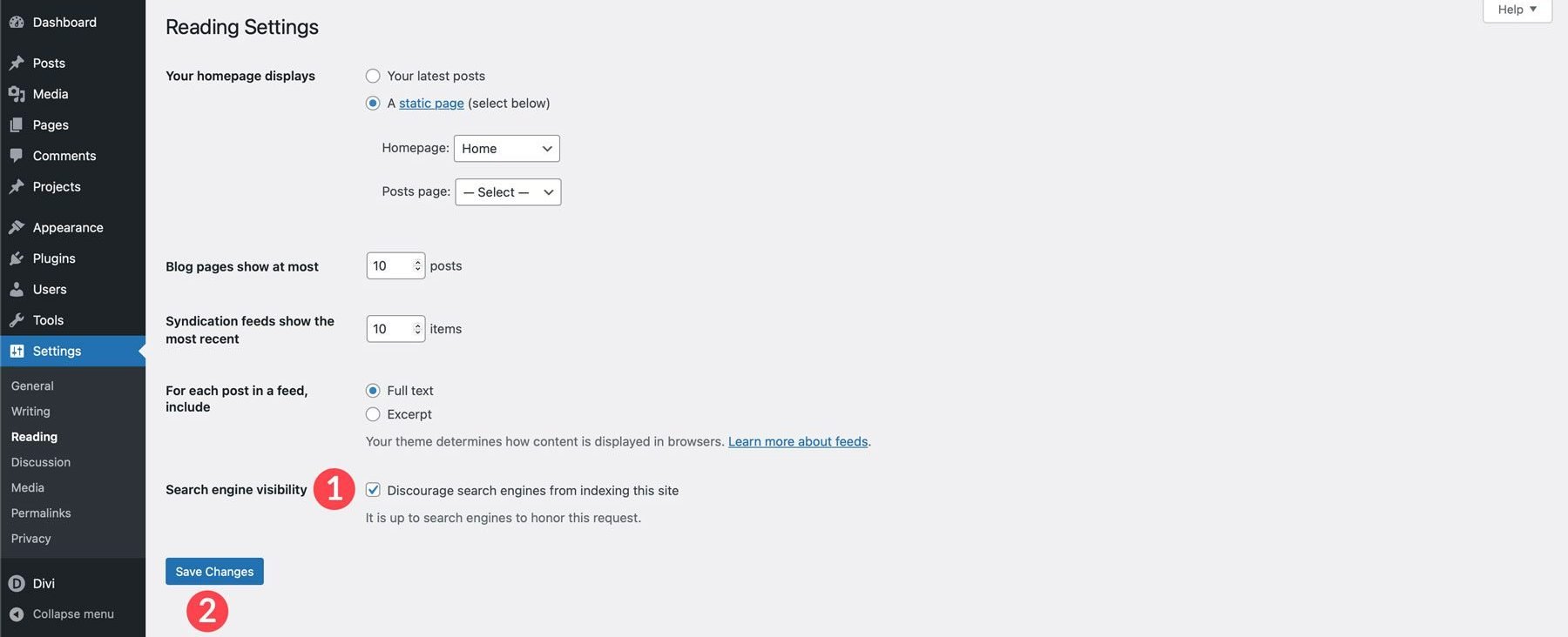 WordPress reading settings