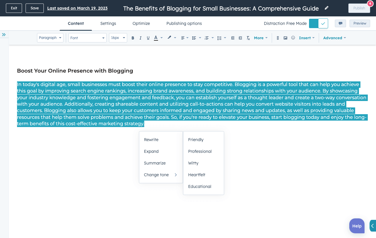 HubSpot AI paragraph rewriter