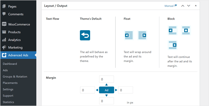 Advanced Ads' Layout or Output settings