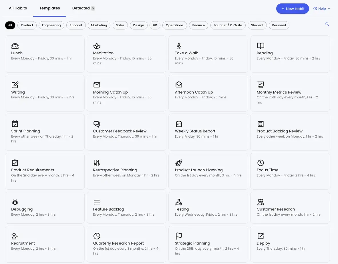 Screenshot from Reclaim AI tool for productivity showing templates