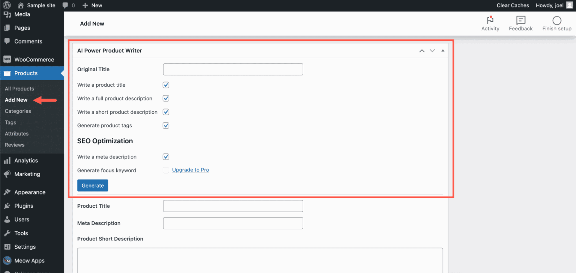 WooCommerce Add New Product page showing AI Power Product Writer section
