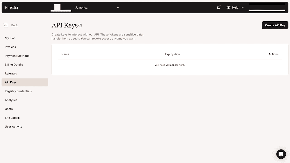The API Keys screen on the MyKinsta dashboard. The screen has an empty table where API keys would be listed, along with their name and expiry date. There is a prominent "Create API Key" button to generate a new API key. The left sidebar menu shows various options like My Plan, Invoices, Payment Methods, and Referrals.