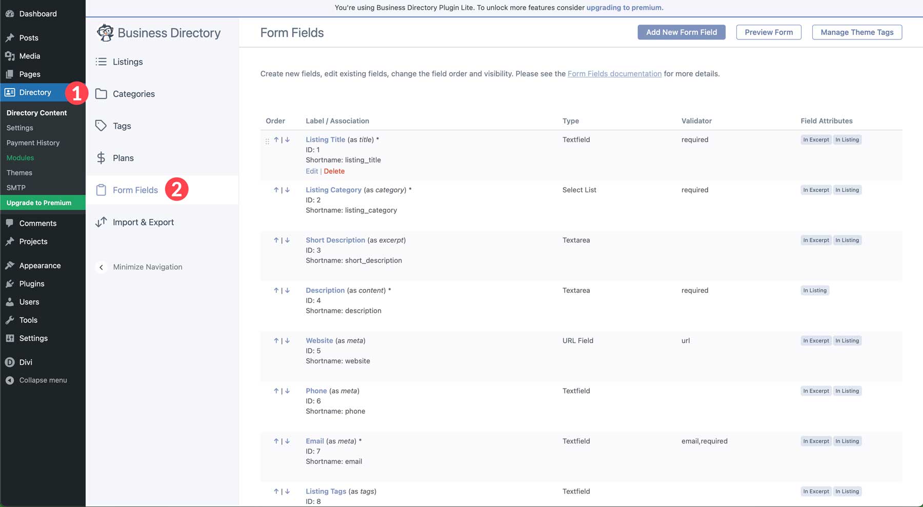 business directory form fields