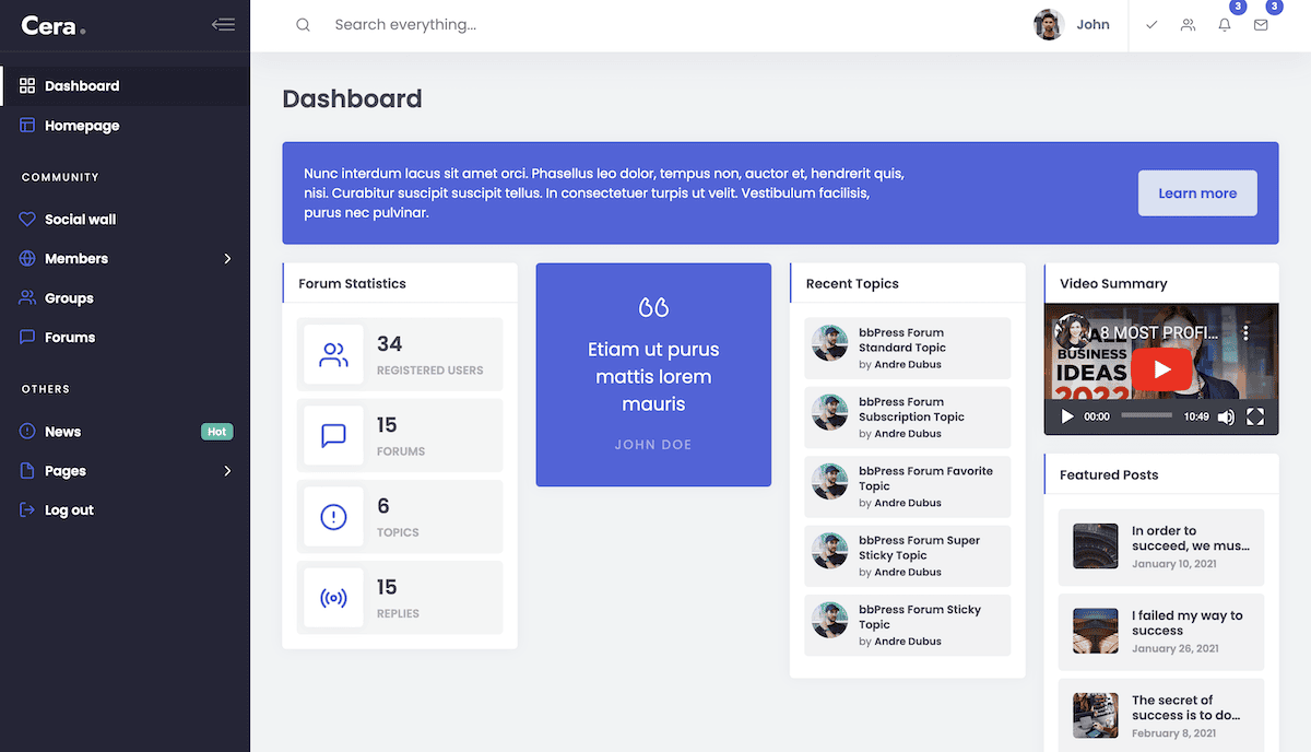 The dashboard from the Cera theme. It displays forum statistics such as number of registered users, forums, topics and replies. It also shows a quote about the forum's purpose, recent discussion topics, a video summary, and featured posts in a clean, organized layout.