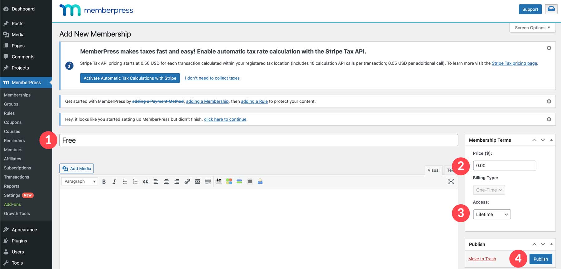 creating a membership level with MemberPress