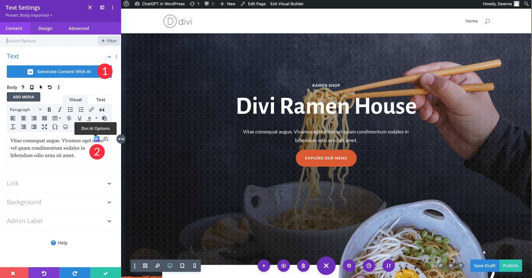 Divi builder showing module settings with the Generate Content With AI button