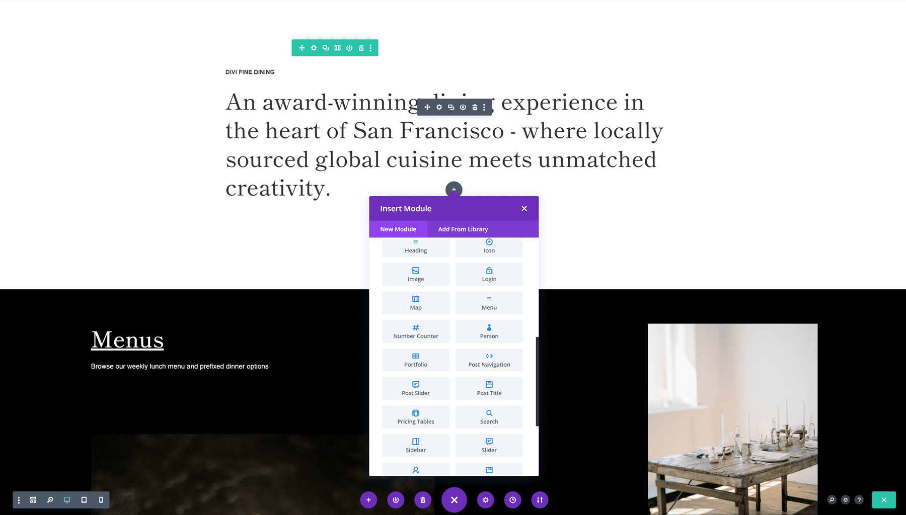 A screenshot of adding a Divi Module inside a page