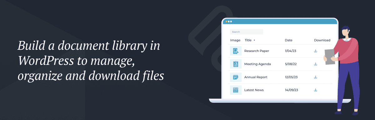 The Document Library Pro header image from WordPress.org. It shows an illustration of a person working on a giant laptop in front of a list of documents titled "Research Paper", "Meeting Agenda", "Annual Report", and "Latest News".