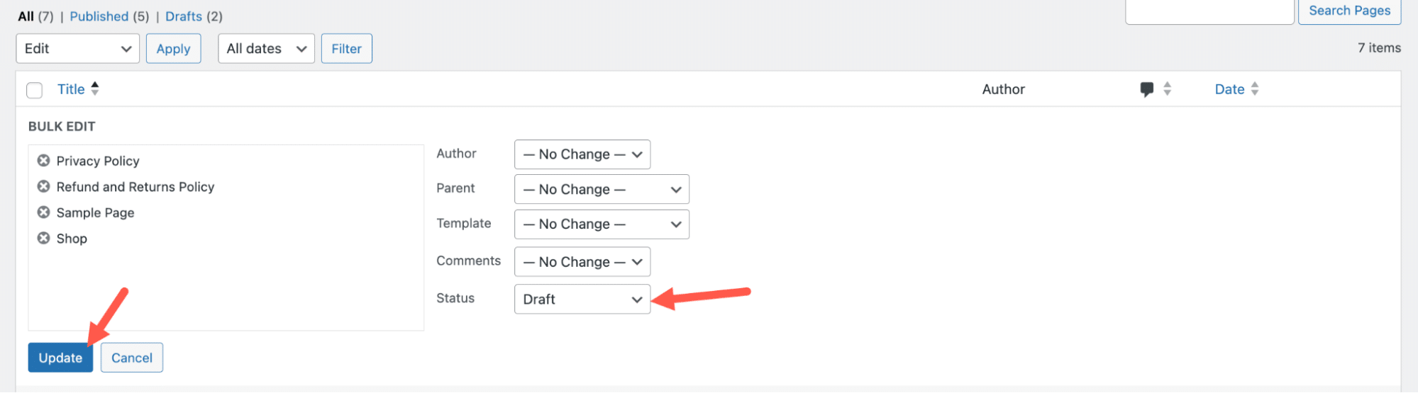 Draft status selected in the bulk edit menu