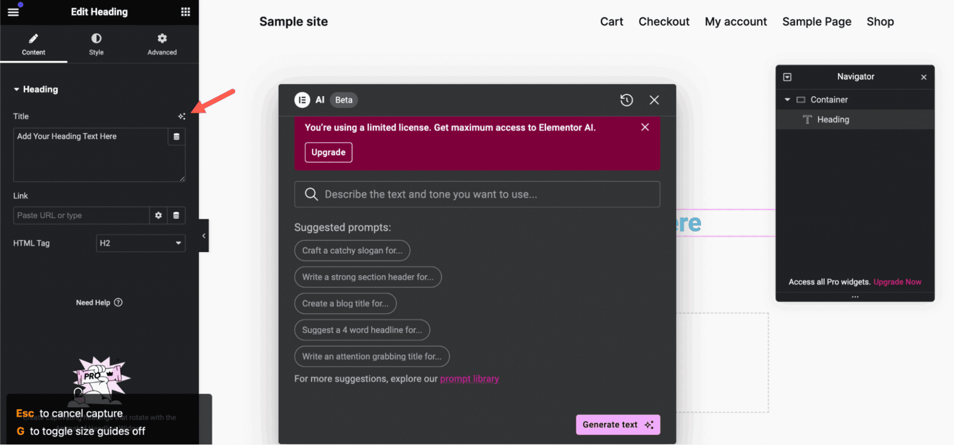 Elementor editor showing the AI icon, with options to generate text by supplying prompts