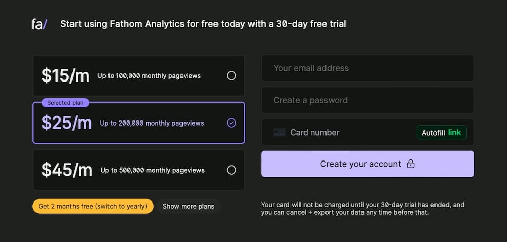 Fathom Analytics offers straightforward pricing plans.