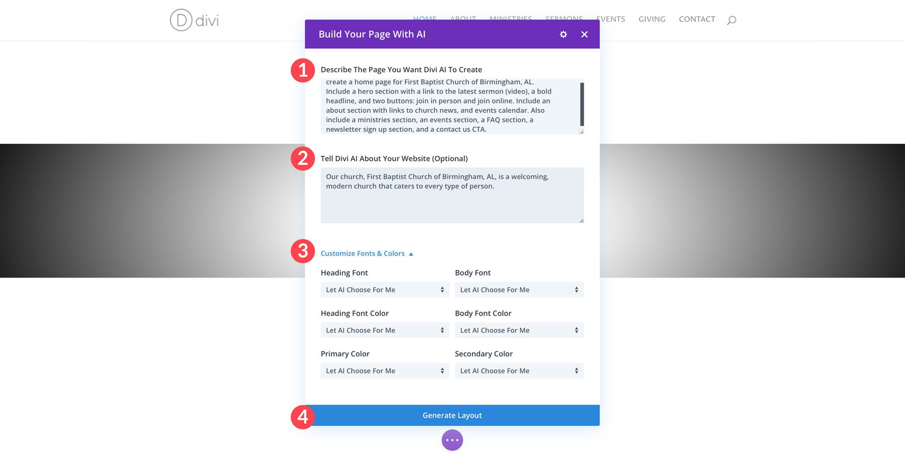 generate layout with Divi AI