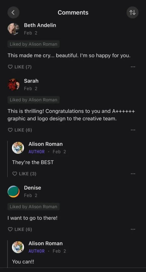 Comments thread on an Alison Roman post of readers sending well wishes.