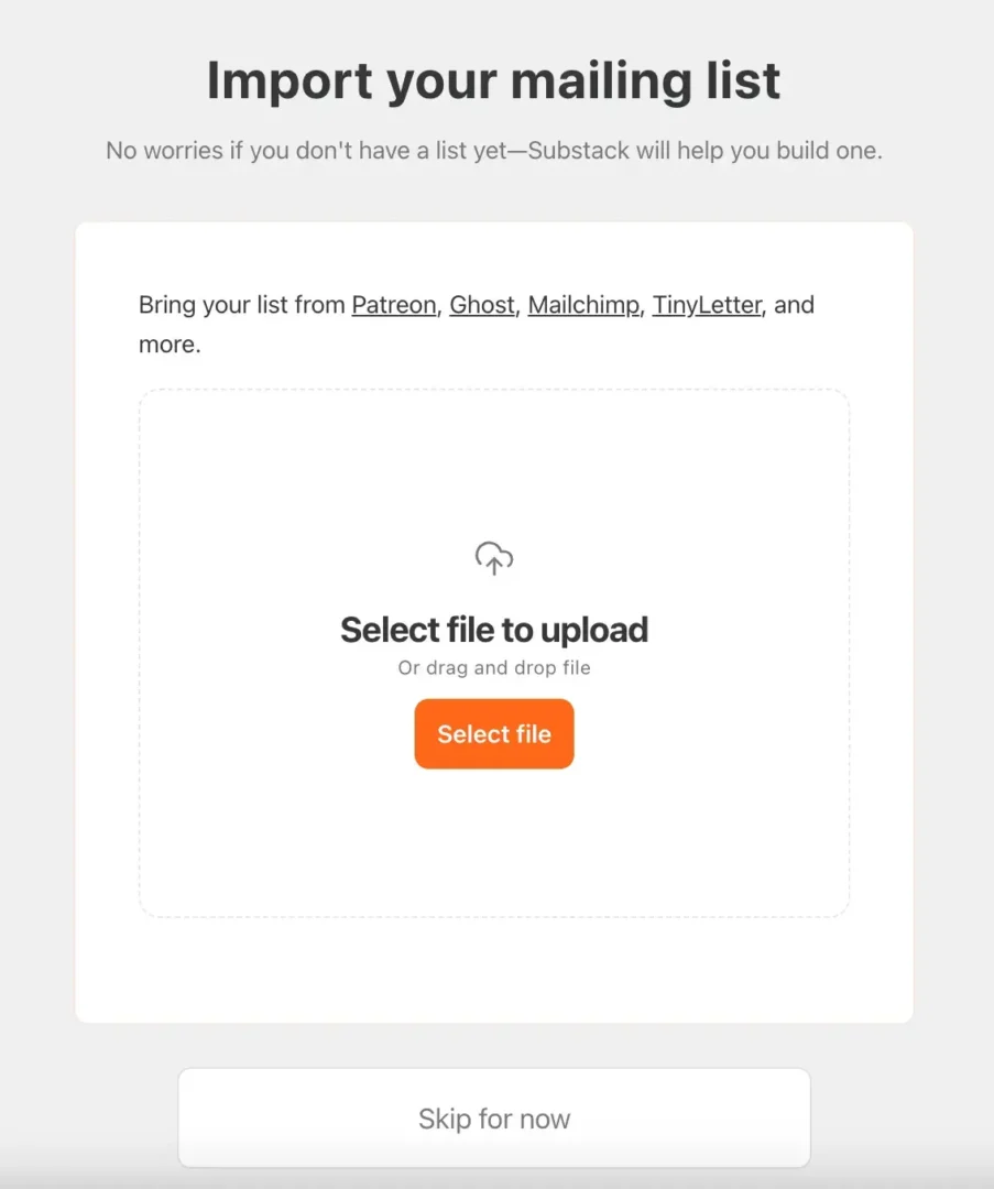 Screen requesting you import a mailing list while setting up your Substack.