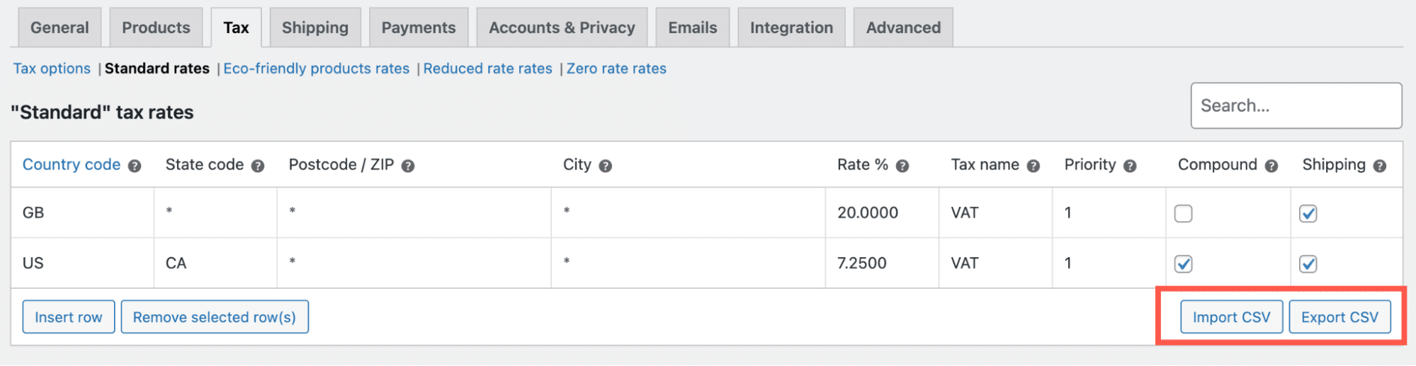 WooCommerce tax settings page with options to import and export CSV files