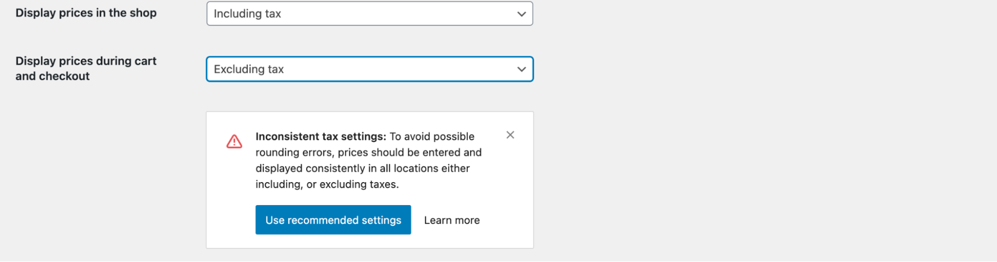 Inconsistent tax setting in including and excluding taxes