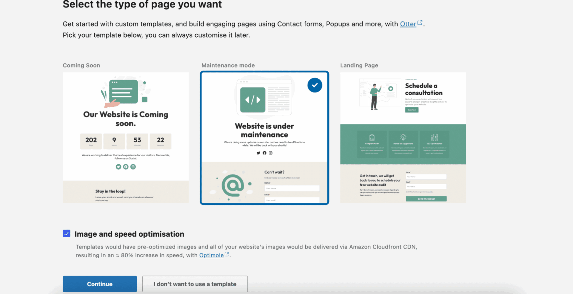 LightStart plugin menu with options to select the type of page, with the Continue button