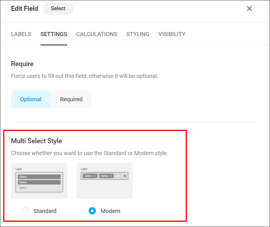 Forminator Select field - Multi-Select Style.