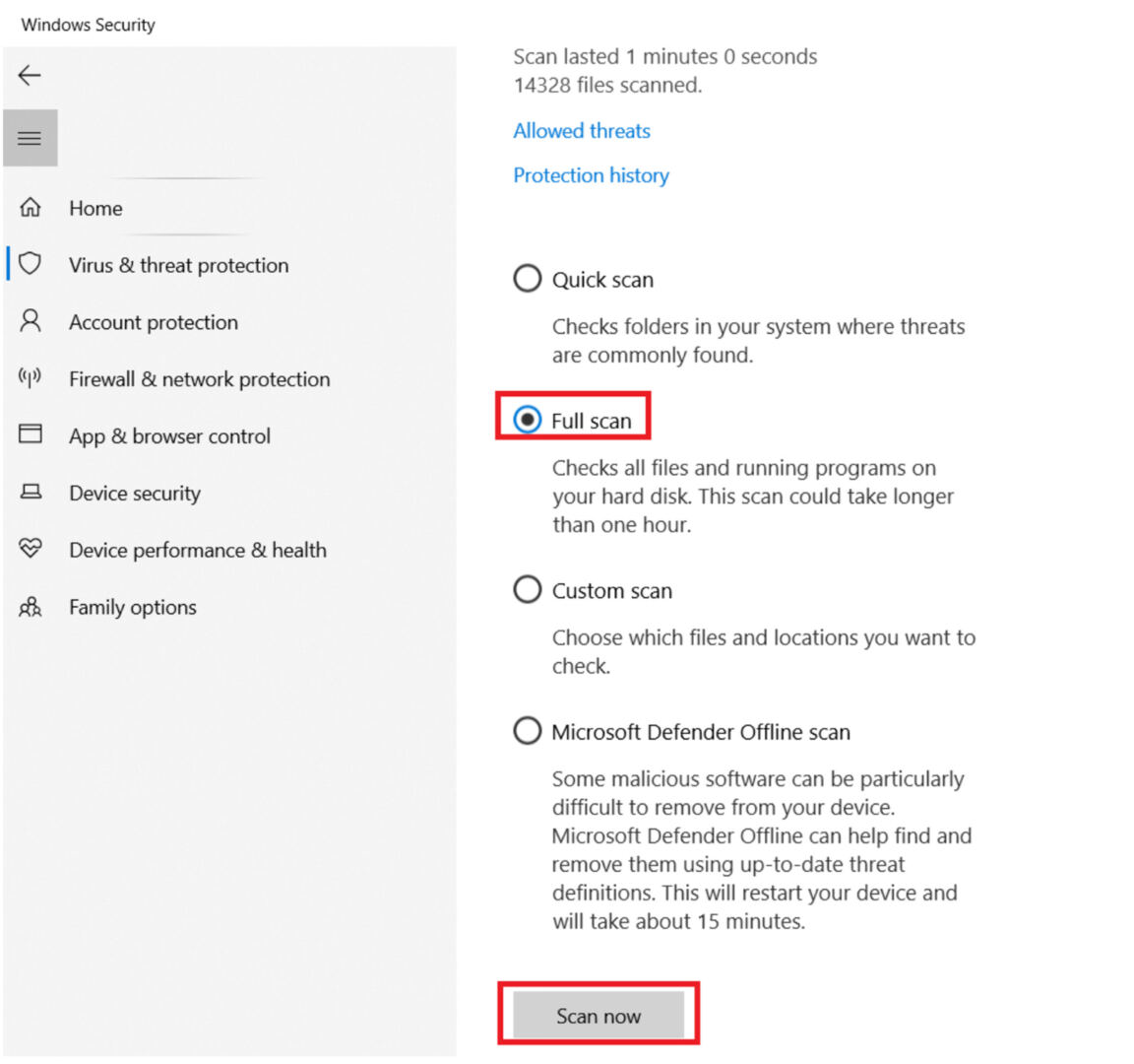 Starting full scan in Windows Security