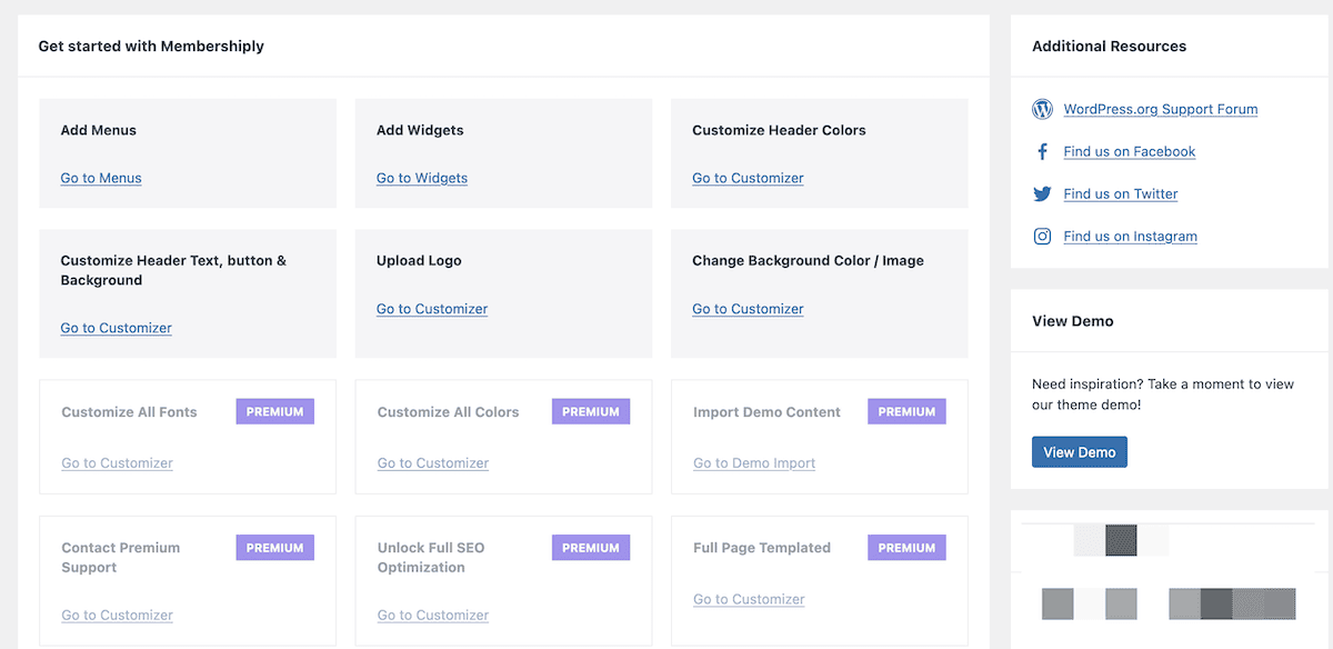 The WordPress dashboard for the Memershiply theme. It has options to customize various aspects of the site's membership functionality. The options include adding menus and widgets, customizing header text, colors and background, uploading a logo, customizing fonts and colors, enabling premium features like full SEO optimization and page templates, and providing premium support. Social media links to the WordPress Support Forum, Facebook, Twitter and Instagram are also provided.