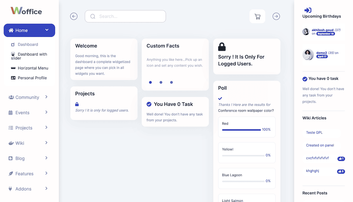 The Woffice theme dashboard. The left sidebar menu shows typical WordPress options such as Dashboard, Posts, Media, Pages, and more. The main dashboard area welcomes the user and provides quick access to projects, custom facts, and a poll. On the right are widgets showing upcoming birthdays, a list of tasks (currently showing no tasks), a pie chart poll, links to wiki articles, and recent posts.