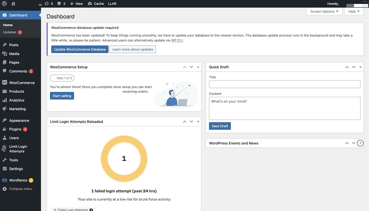 The WordPress dashboard showing several alerts and status indicators. At the top, a notice states that a WooCommerce database update is required. Below that, the WooCommerce setup wizard shows step one of six and a "Start selling" button. A chart shows one failed login attempt in the past 24 hours, indicating the site is currently at low risk for brute force activity. The WordPress Events and News widget is also visible.