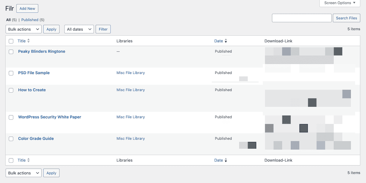 The WordPress backend, showing an interface listing five published documents. The columns include checkboxes, Title, Libraries, Date, and icons indicating if a Download link is available. The published documents listed are "Peaky Blinders Ringtone", "PSD File Sample", "How to Create", "WordPress Security White Paper", and "Color Grade Guide". Bulk action buttons are available at the top and bottom.