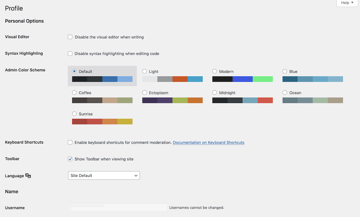 The Profile settings page from the WordPress admin dashboard. The page shows options for configuring the WordPress visual editor, admin color scheme, keyboard shortcuts, toolbar, preferred language, and name and username information.