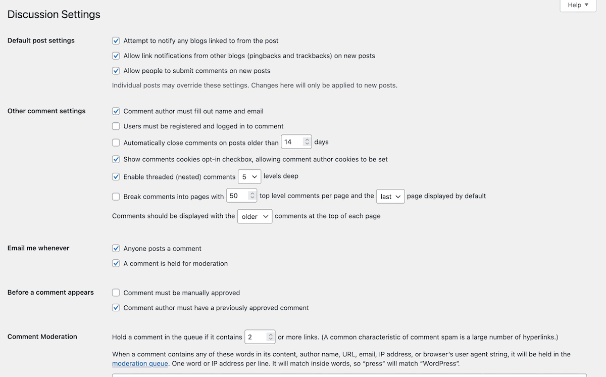 The Discussion settings page from the WordPress admin dashboard. The page shows configuration options for default post settings such as link notifications and comment moderation, other comment settings such as requiring name and email and closing old comments, email notification settings, and comment moderation queue settings.