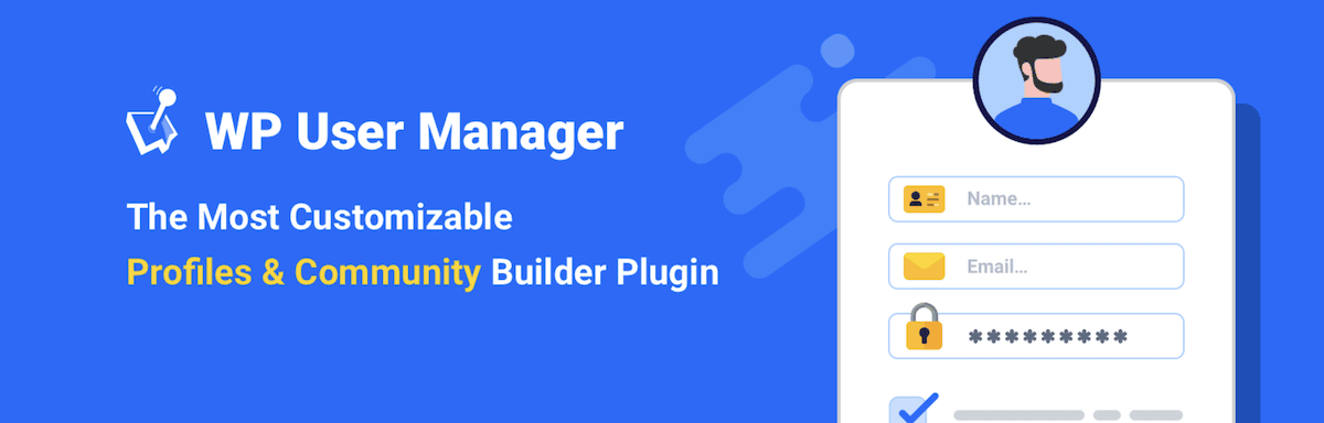The WP User Manager plugin header image from WordPress.org. It shows a login and registration form on a blue background with fields for email, password, and a checkbox to accept the privacy policy.