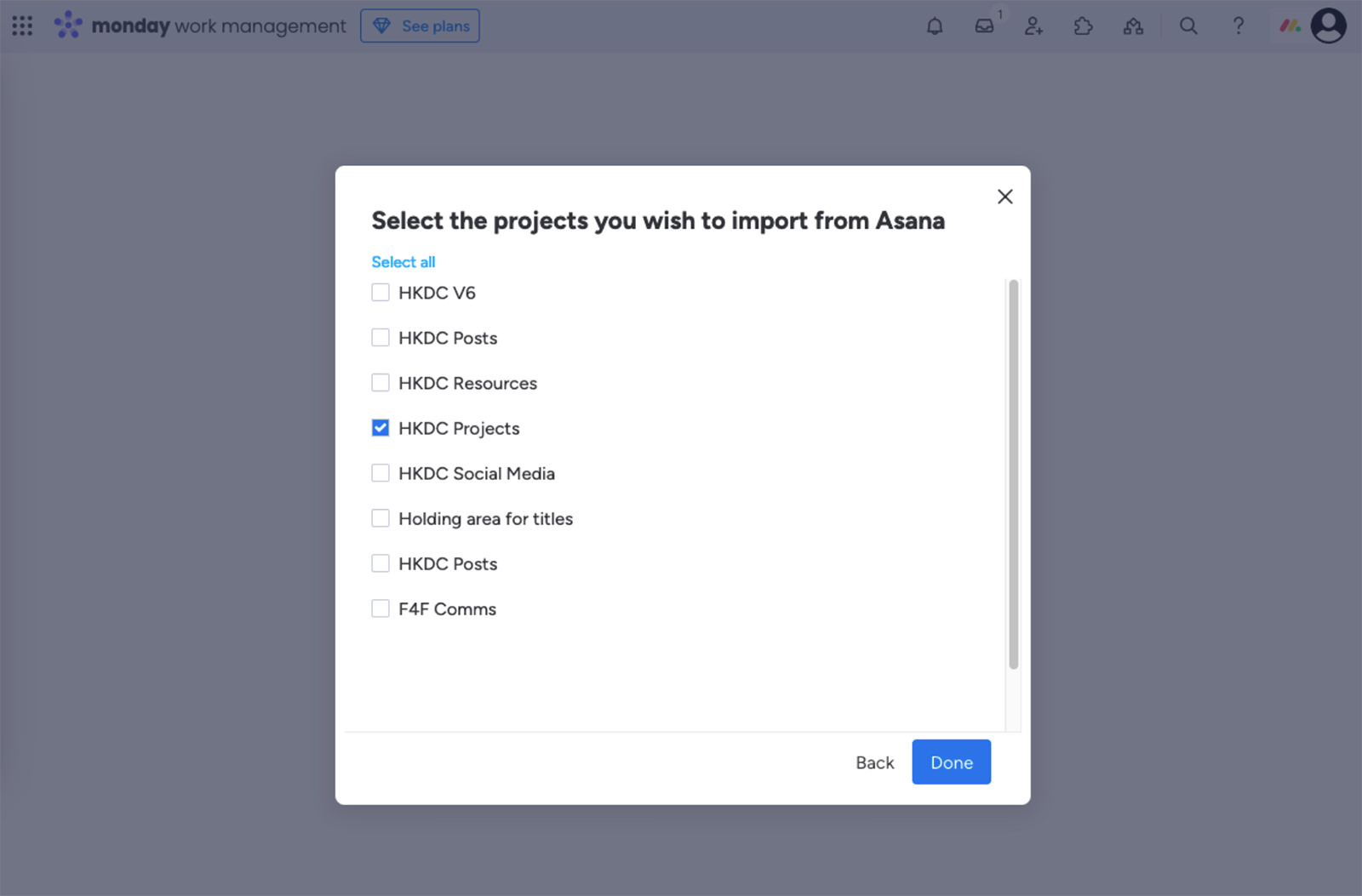 Select project to import