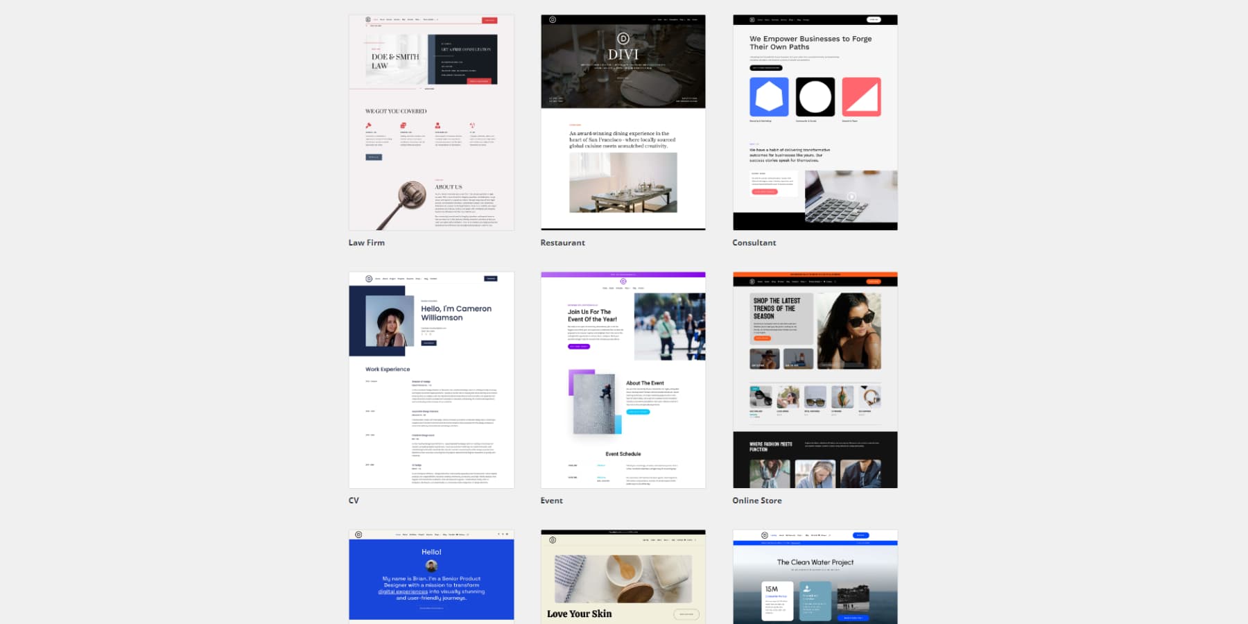 A screenshot of Divi Quick Sites' Portfolio starter templates