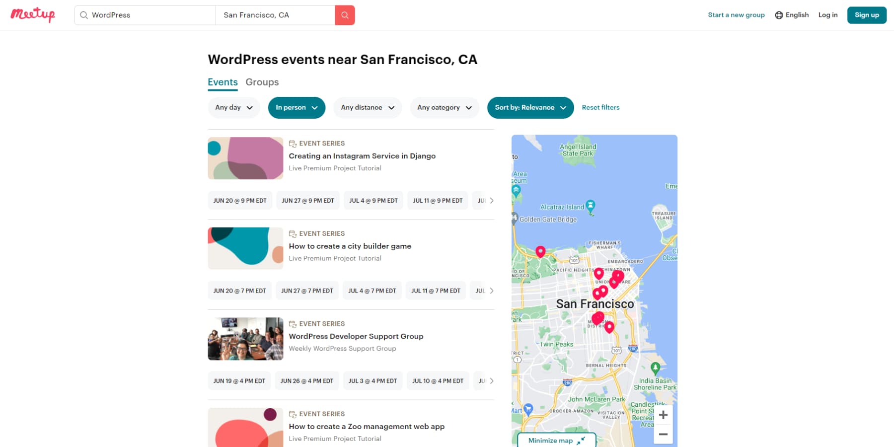 A screenshot of WordPress events in Meetup