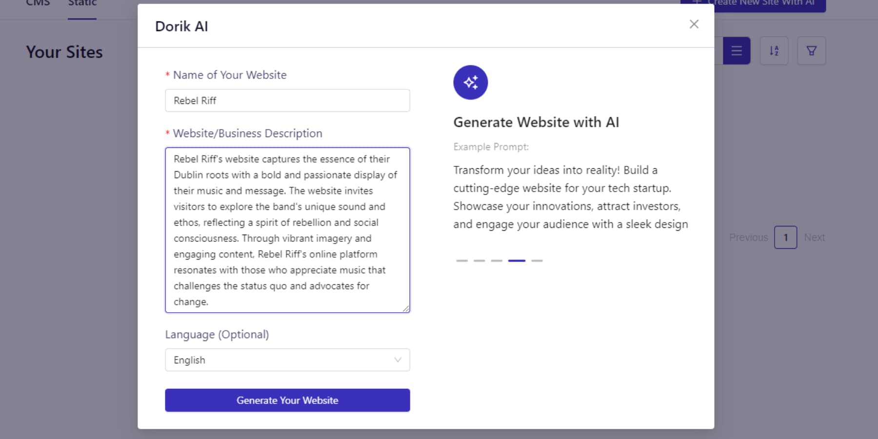 A screenshot of adding description to Dorik's AI builder fields