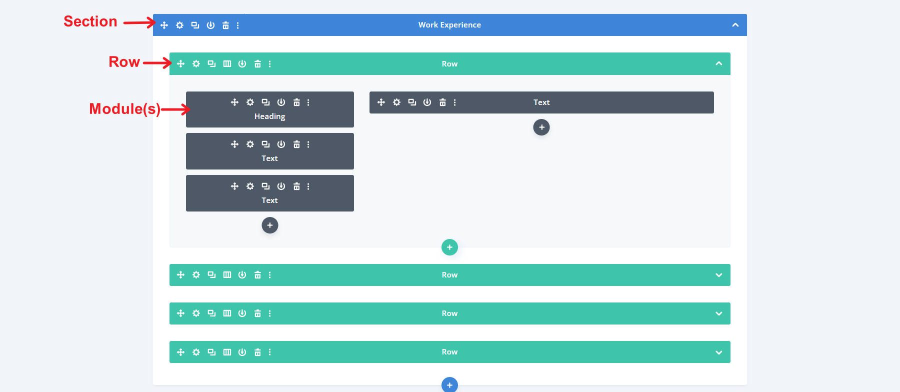 Divi Wireframe View of Sections, Rows, and Modules