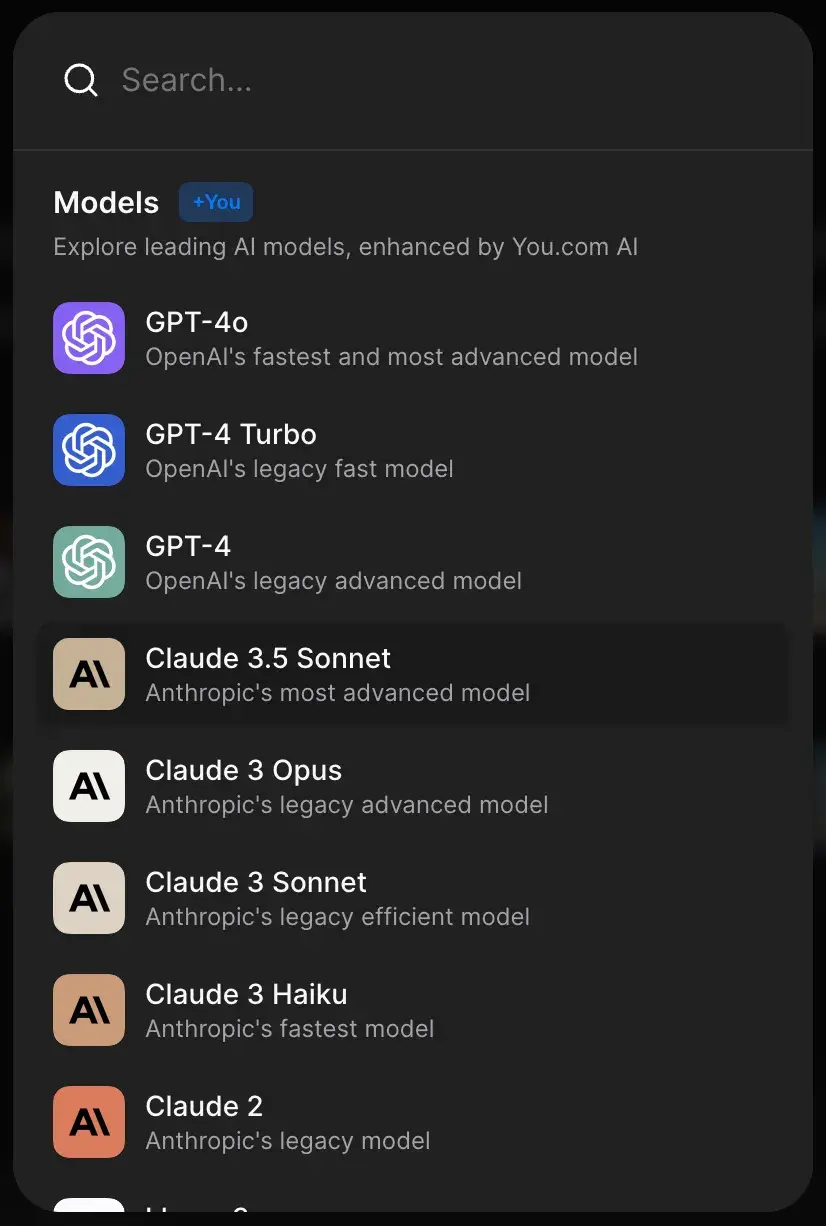 List of AI models that can be explored in You.com, including GPT-4o and Claude 3.5 Sonnet.