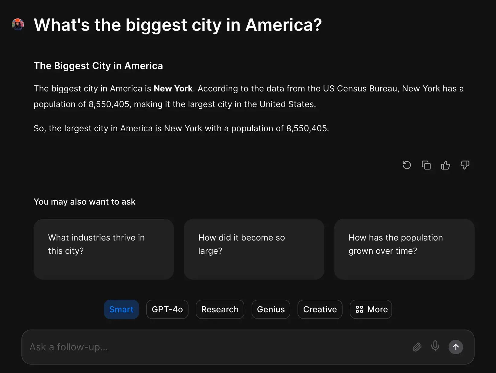 Search results for “What’s the biggest city in America” in Smart Assistant.