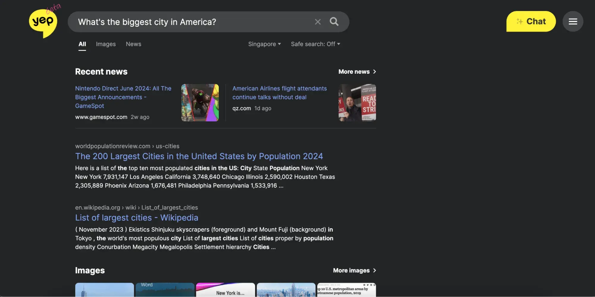 Search results for “What’s the biggest city in America?”, filtering for “All” results.