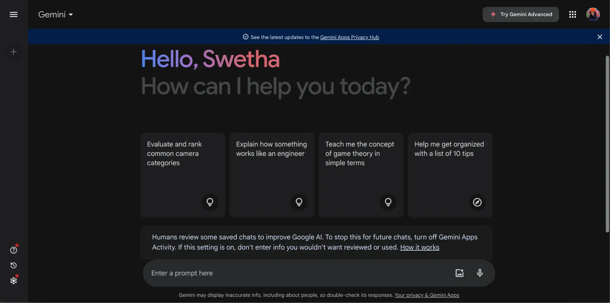 best AI search engine, Gemini homepage, stating “Hello, Swetha. How can I help you today?” with suggested prompts.