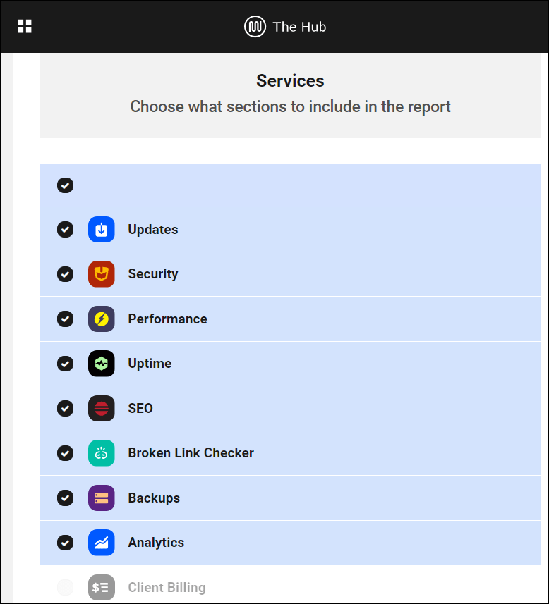 The Hub - Client Report Setup screen