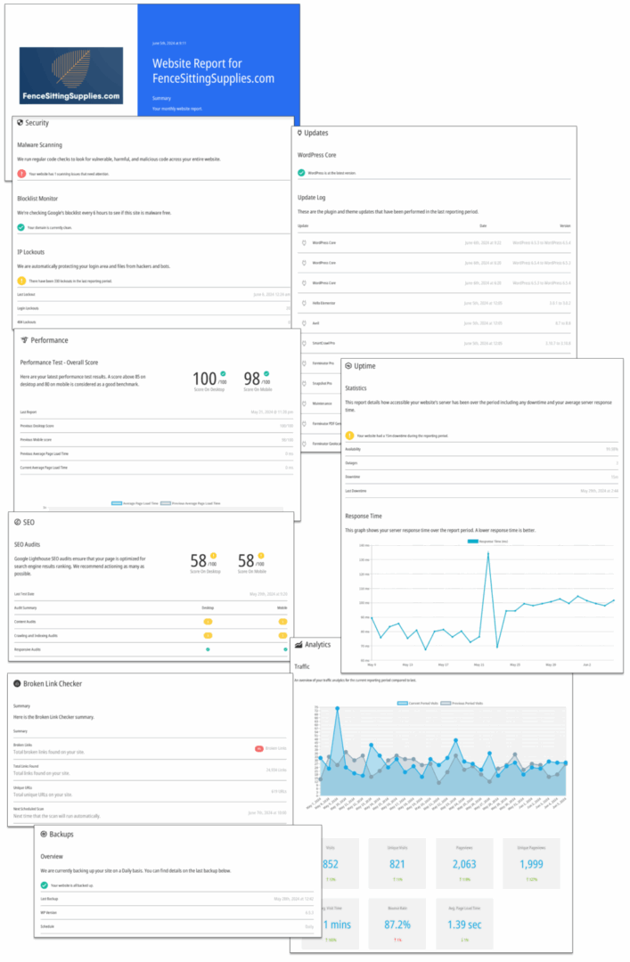 A montage of WPMU DEV's white label client report pages.