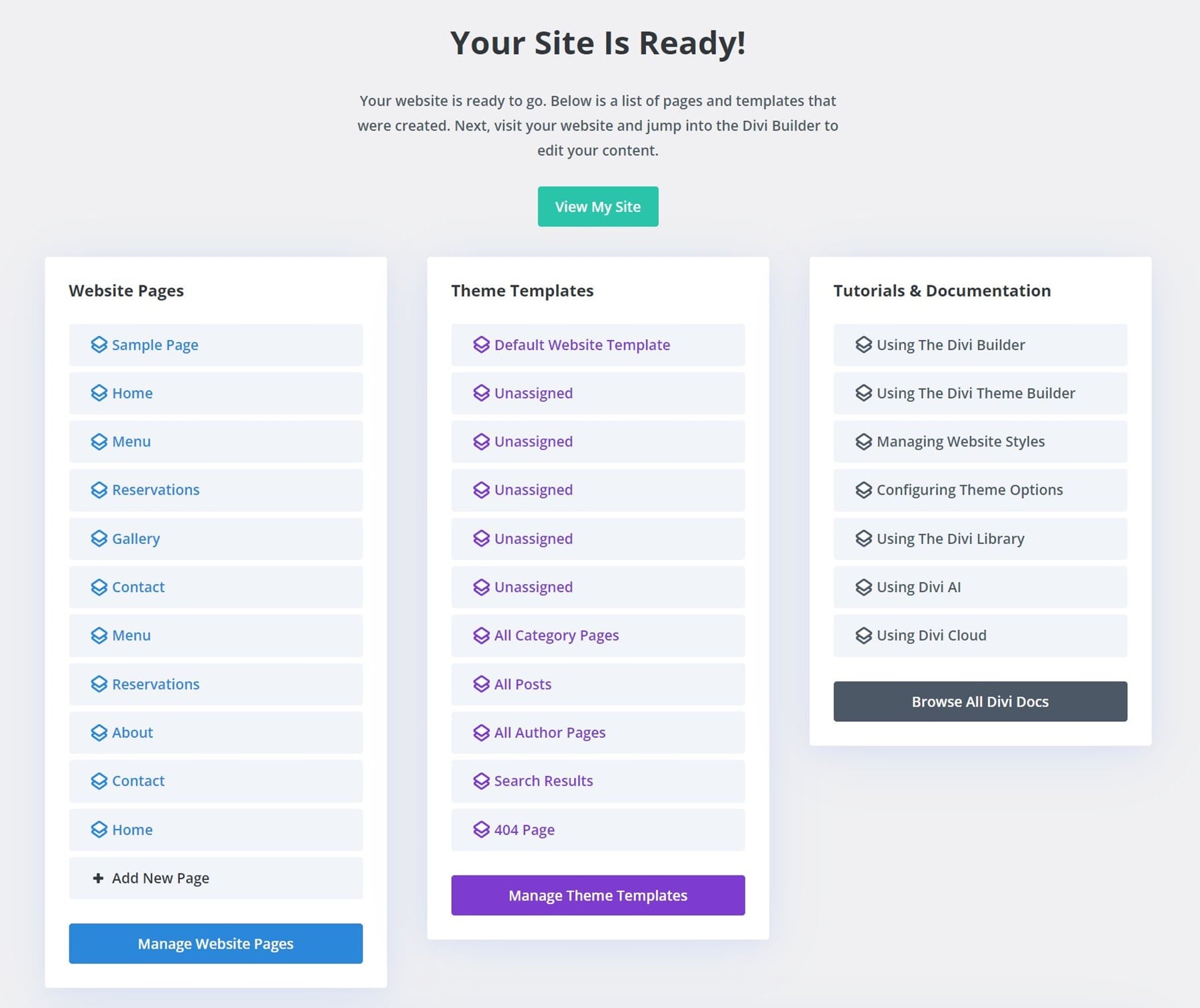 Divi Quick Sites Dashboard