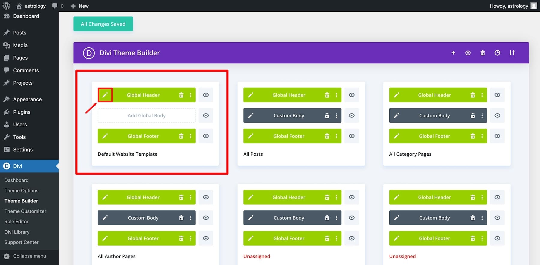 editing a global header template pencil icon