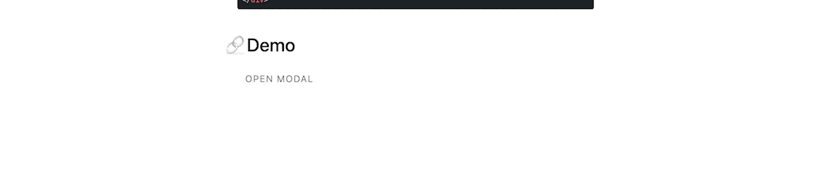 A GIF of a light-themed web page section titled "Demo" with a link icon and a button titled "OPEN MODAL" in capital letters. Once the user clicks the button, this opens a modal box using HTMX.