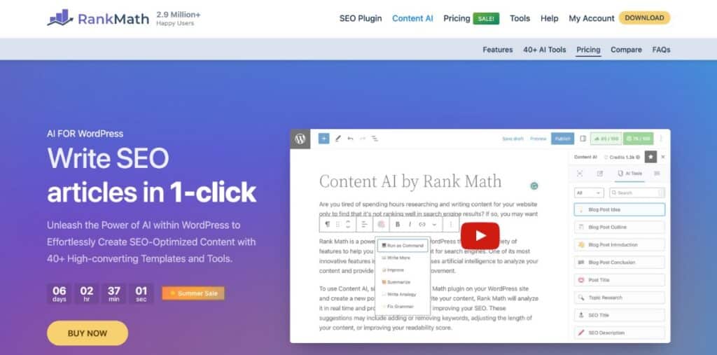 The Rank Math Content AI landing page