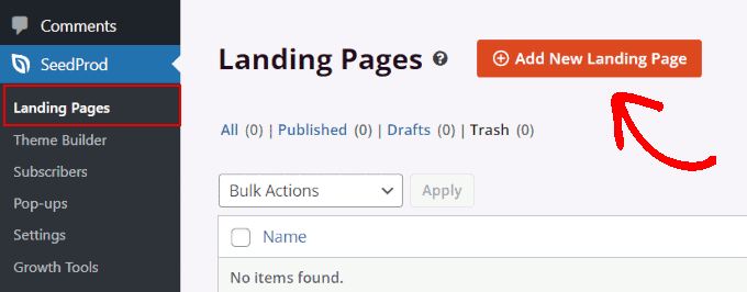 Add new landing page button