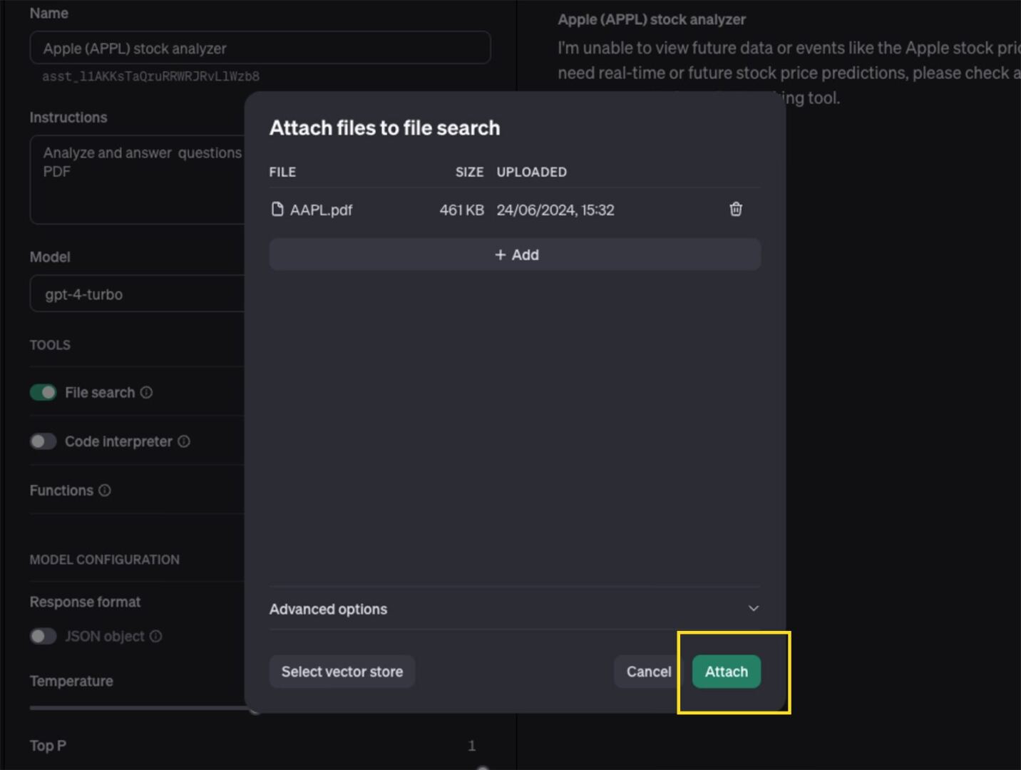 Screenshot displaying the upload and attach process for a file