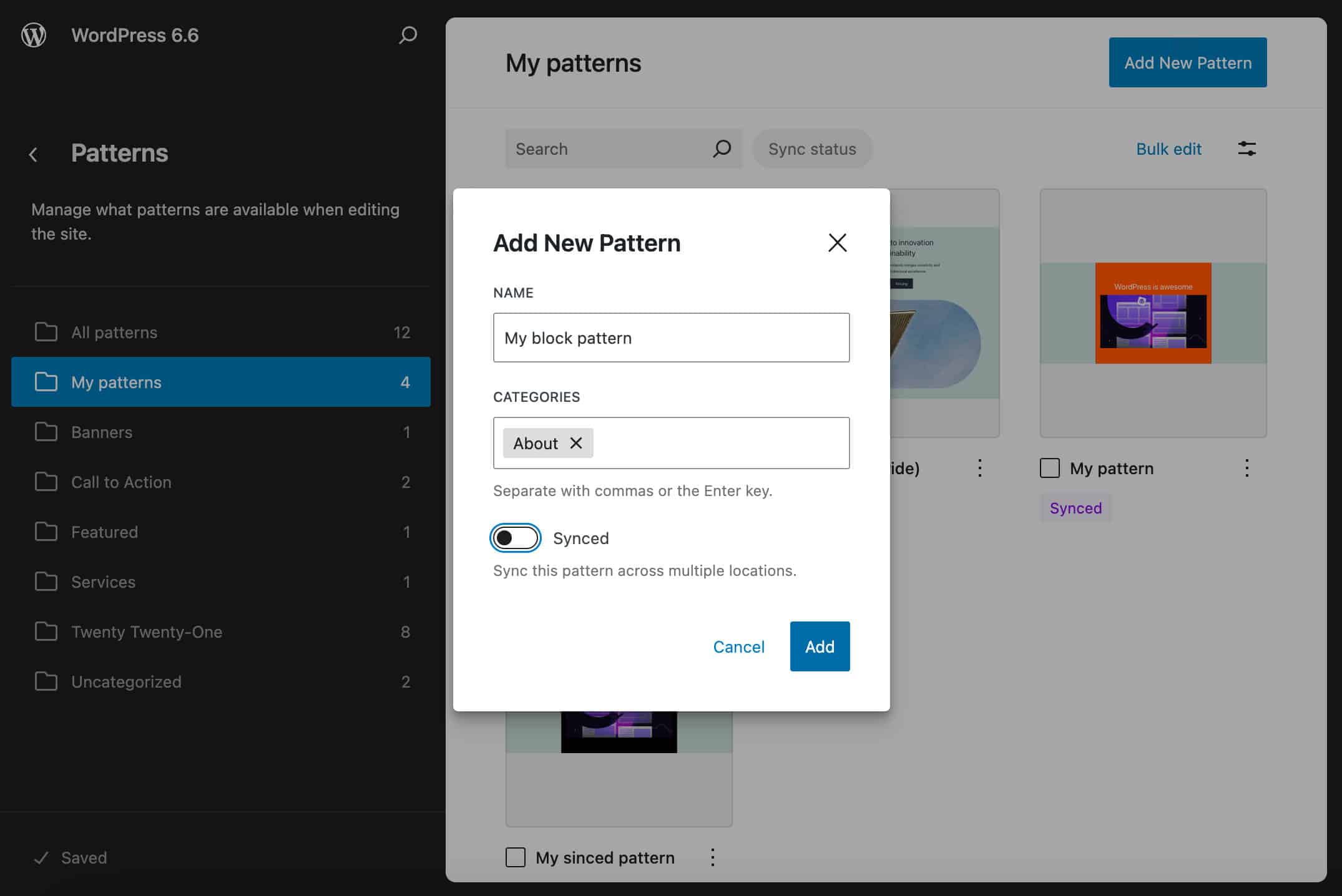 Add a new pattern with a Classic theme in WordPress 6.6